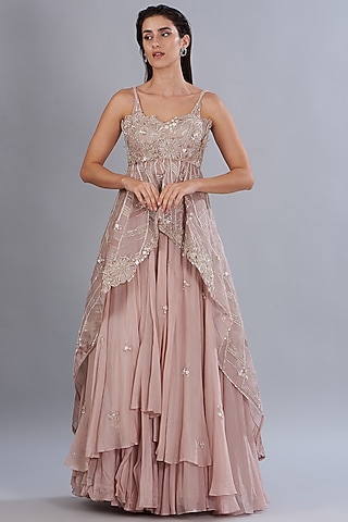 Soft Lilac Silk Organza & Bemberg Organza Flared Skirt Set by Varun Nidhika