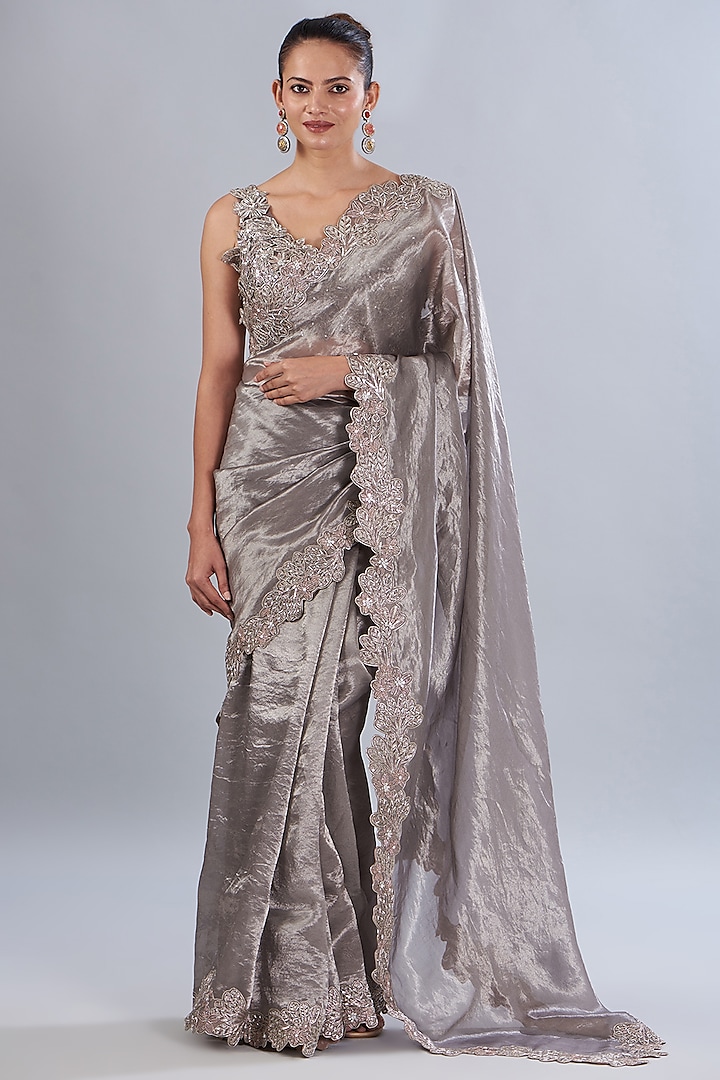 Gunmetal Silk Tissue Organza Embroidered Saree Set by Varun Nidhika