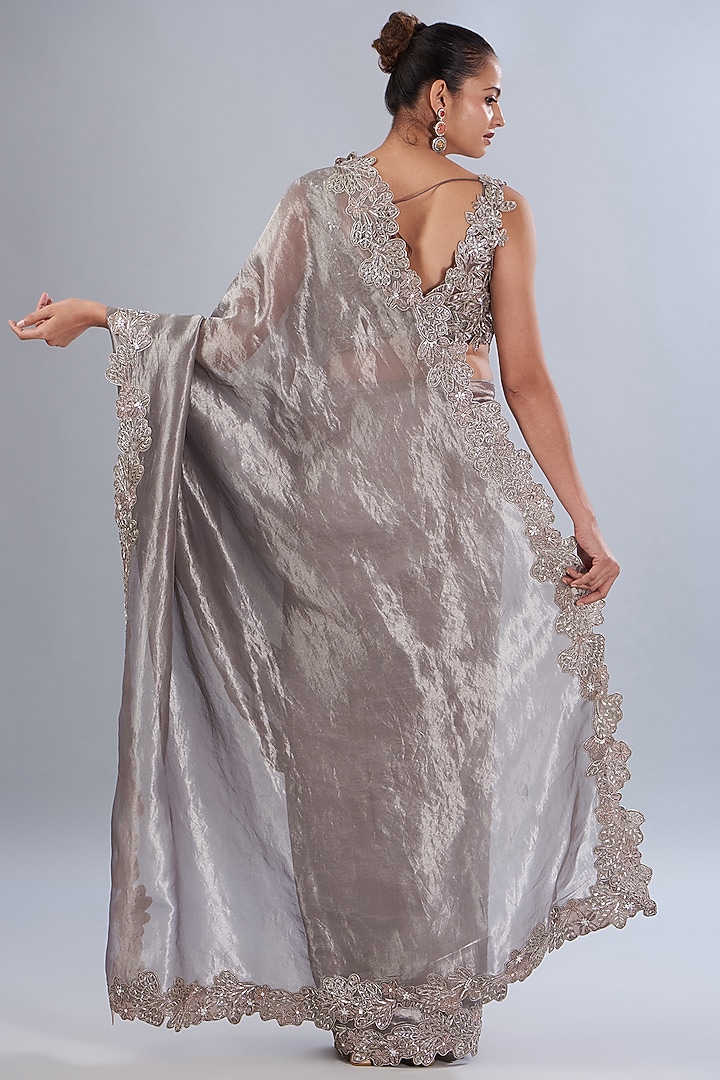 Gunmetal Silk Tissue Organza Embroidered Reception Saree Set by Varun Nidhika at Pernia's Pop Up Shop