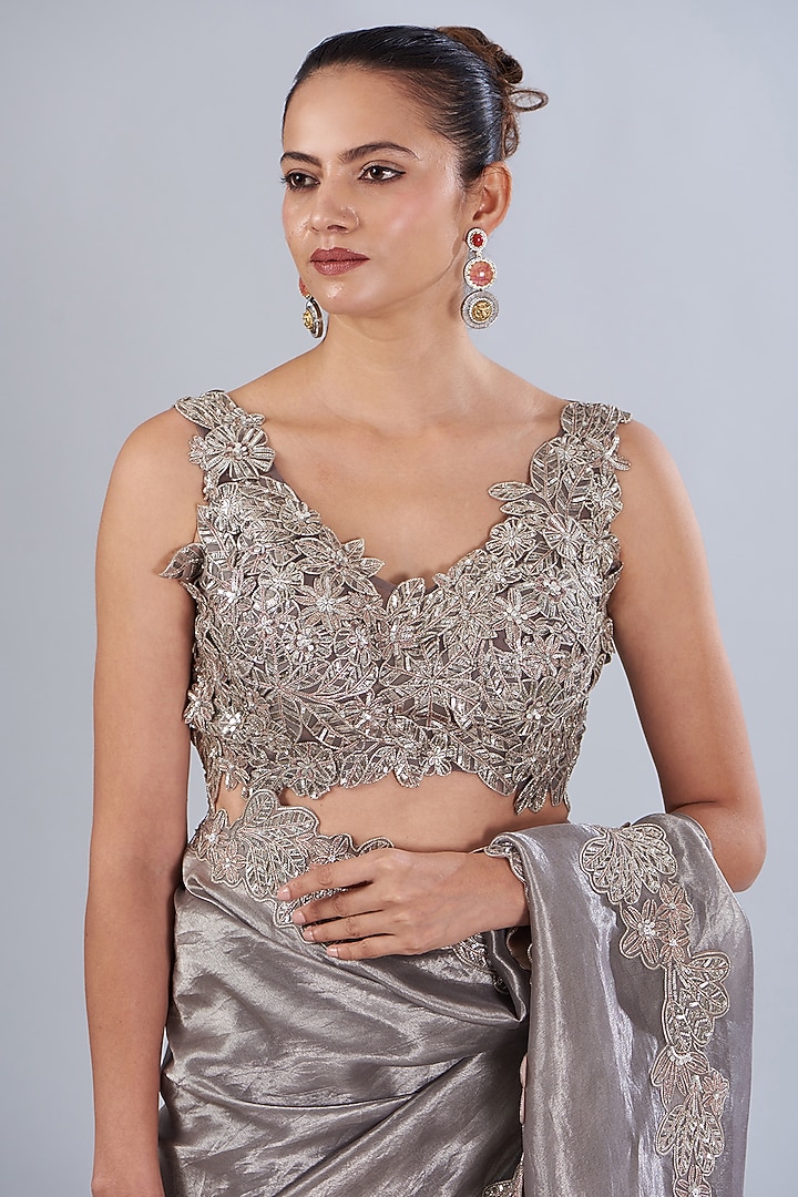 Gunmetal Silk Tissue Organza Embroidered Reception Saree Set by Varun Nidhika at Pernia's Pop Up Shop