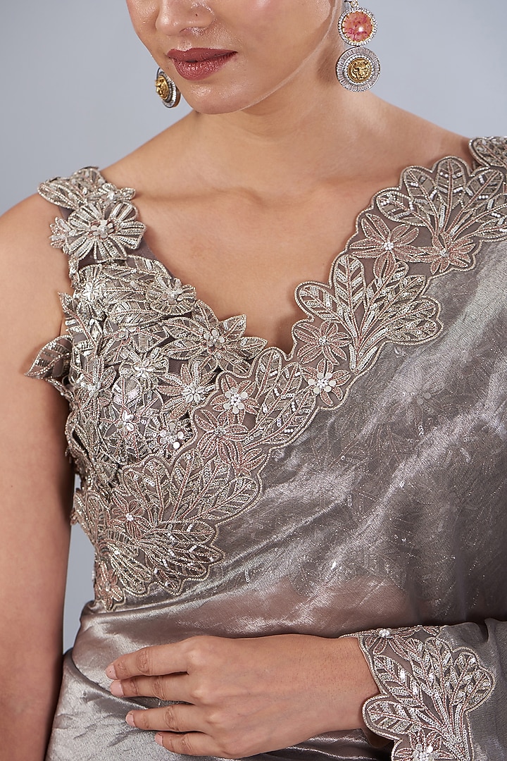 Gunmetal Silk Tissue Organza Embroidered Reception Saree Set by Varun Nidhika at Pernia's Pop Up Shop