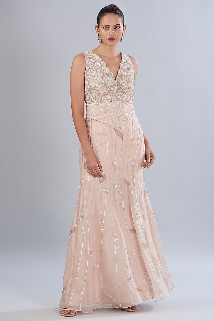 Peach Silk Organza Embroidered Asymmetric Dress by Varun Nidhika at Pernia's Pop Up Shop