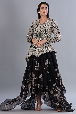 Black & Ivory Silk Tissue Applique Embroidered Jacket Set by Varun Nidhika