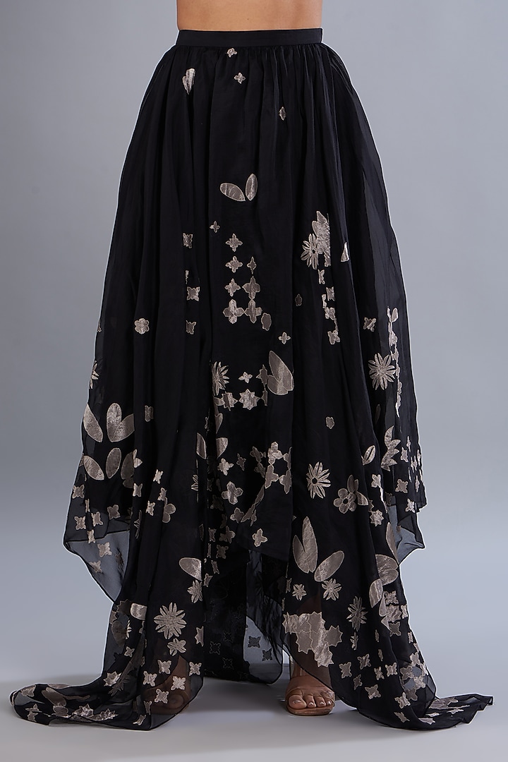 Black & Ivory Silk Tissue Applique Embroidered Jacket Set by Varun Nidhika at Pernia's Pop Up Shop