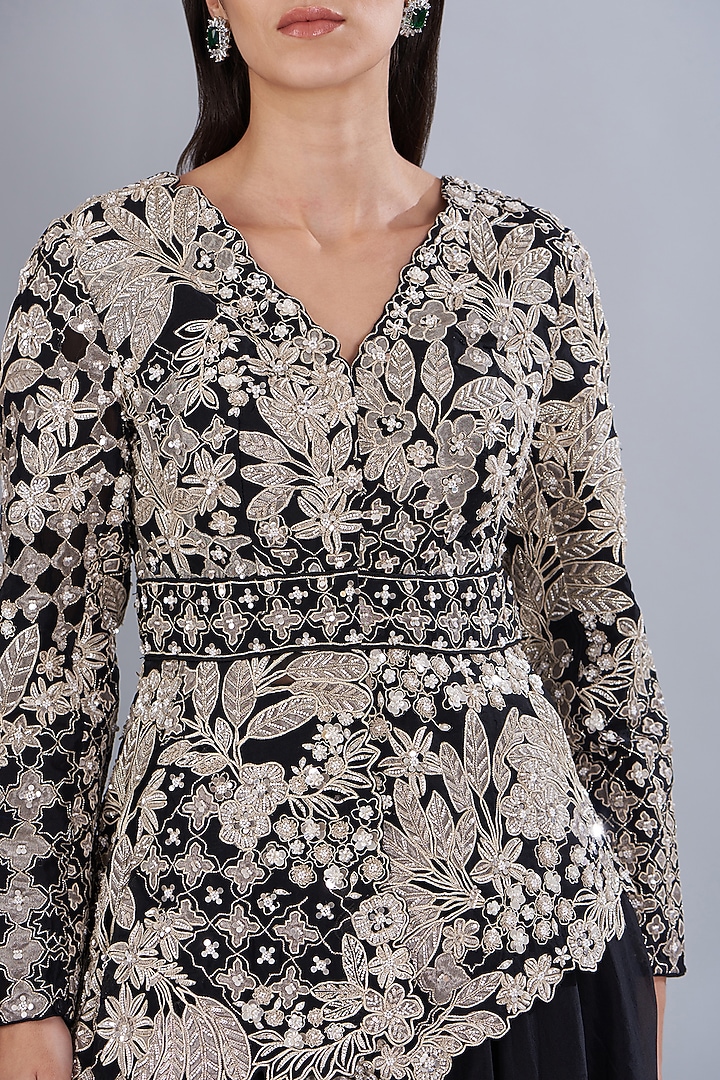 Black & Ivory Silk Tissue Applique Embroidered Jacket Set by Varun Nidhika at Pernia's Pop Up Shop