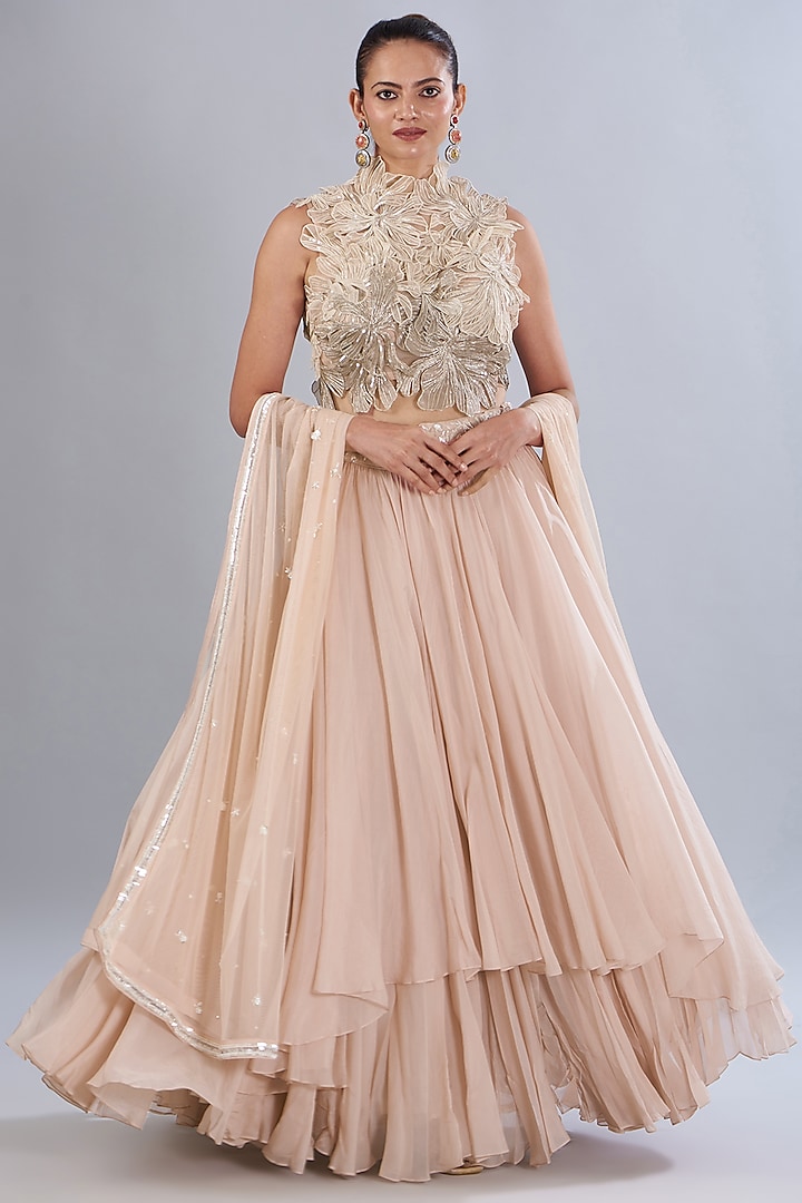 Soft Peach Organza 3D Embroidered Wedding Lehenga Set by Varun Nidhika at Pernia's Pop Up Shop