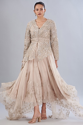 Peach Silk Tissue Applique Embroidered Jacket Set by Varun Nidhika