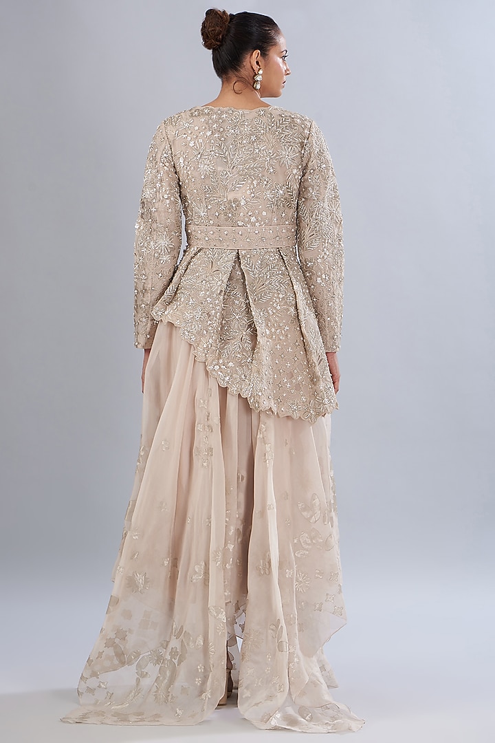 Peach Silk Tissue Applique Embroidered Jacket Set by Varun Nidhika at Pernia's Pop Up Shop