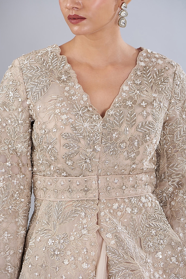 Peach Silk Tissue Applique Embroidered Jacket Set by Varun Nidhika at Pernia's Pop Up Shop
