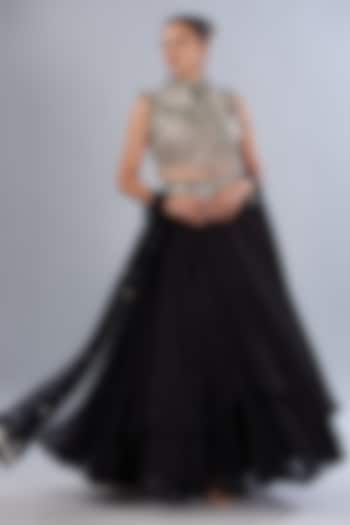 Black Organza 3D Embroidered Wedding Lehenga Set by Varun Nidhika at Pernia's Pop Up Shop