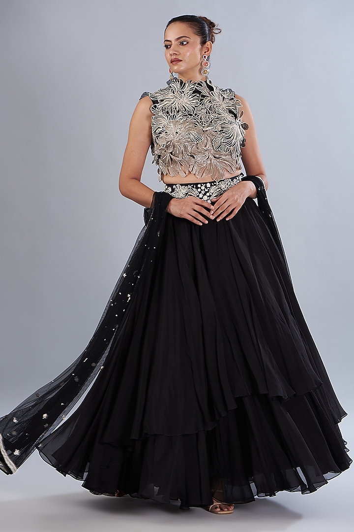 Black Organza 3D Embroidered Wedding Lehenga Set by Varun Nidhika at Pernia's Pop Up Shop