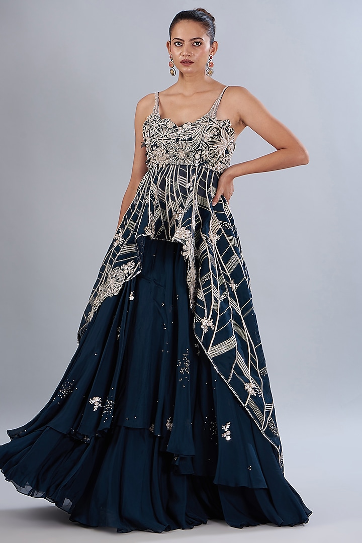 Navy Blue Silk Organza & Bemberg Organza Flared Skirt Set by Varun Nidhika