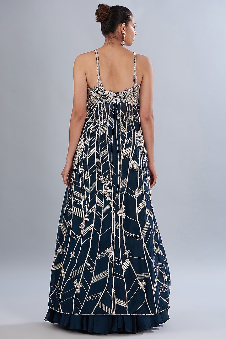 Navy Blue Silk Organza & Bemberg Organza Flared Skirt Set by Varun Nidhika at Pernia's Pop Up Shop