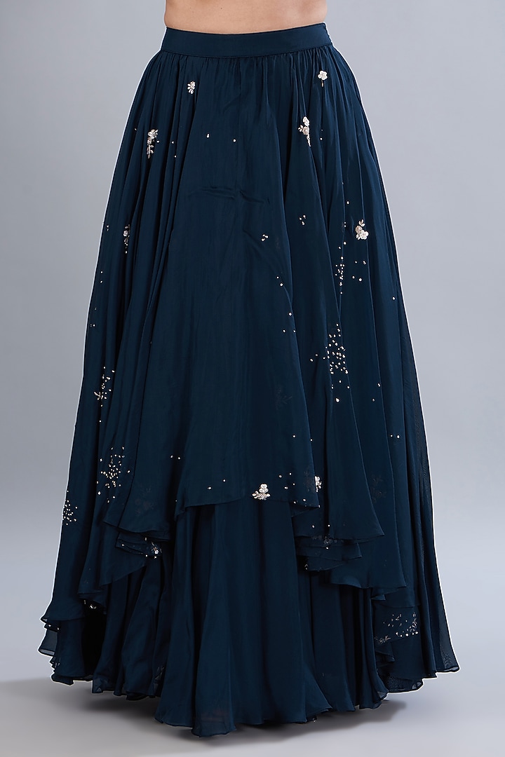Navy Blue Silk Organza & Bemberg Organza Flared Skirt Set by Varun Nidhika at Pernia's Pop Up Shop