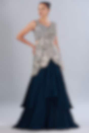 Navy Blue Bemberg Organza & Silk Organza Embroidered Pre-Stitched Bridal Saree Set by Varun Nidhika at Pernia's Pop Up Shop