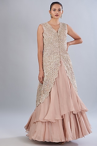 Peach Silk Organza Embellished Jacket Set by Varun Nidhika