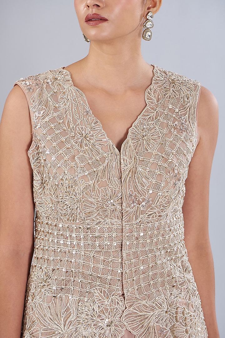 Peach Silk Organza Embellished Jacket Set by Varun Nidhika at Pernia's Pop Up Shop