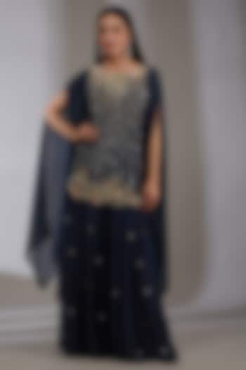 Navy Blue Embroidered Wedding Sharara Set by Varun Nidhika at Pernia's Pop Up Shop