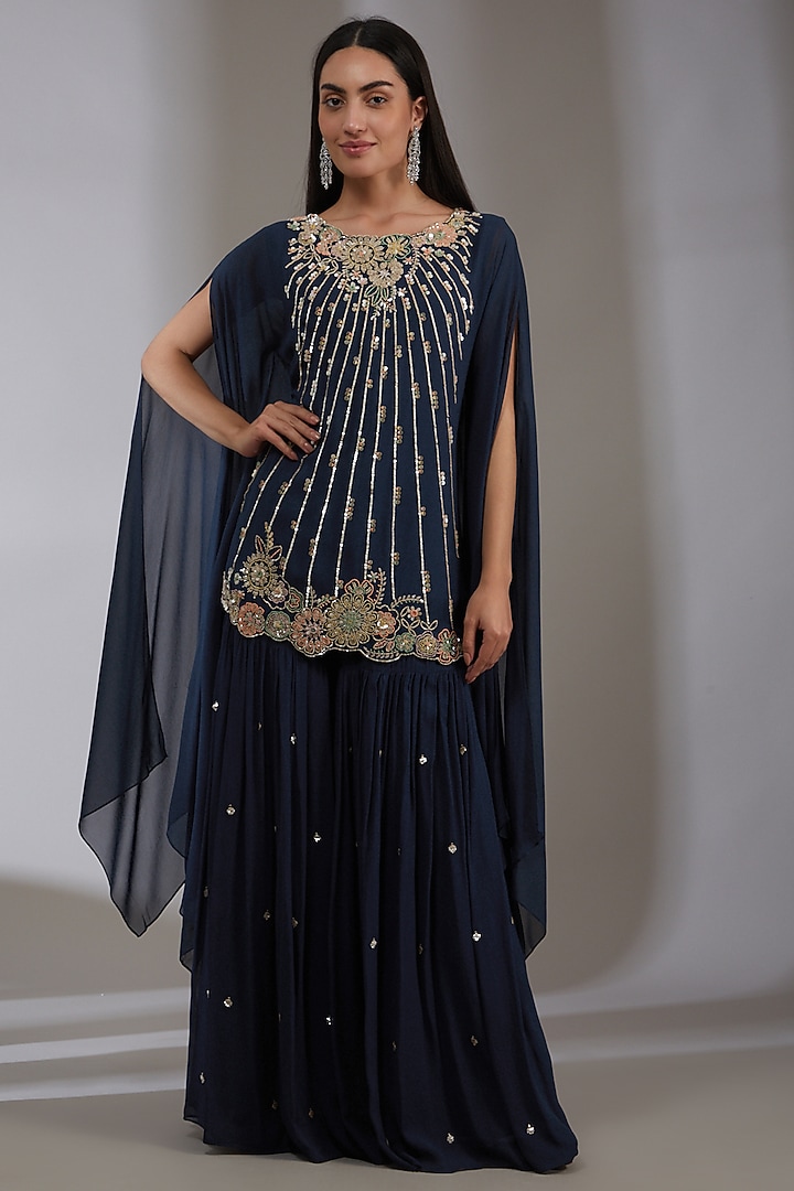 Navy Blue Embroidered Wedding Sharara Set by Varun Nidhika at Pernia's Pop Up Shop