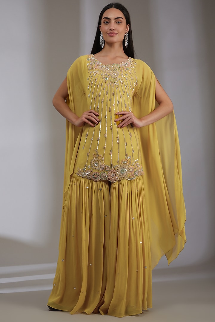 Yellow Georgette Embroidered Sharara Set by Varun Nidhika