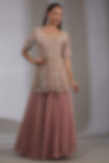 Onion Pink Embroidered Skirt Set by Varun Nidhika