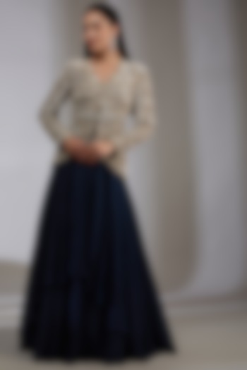 Navy Blue Chiffon Skirt Set by Varun Nidhika at Pernia's Pop Up Shop