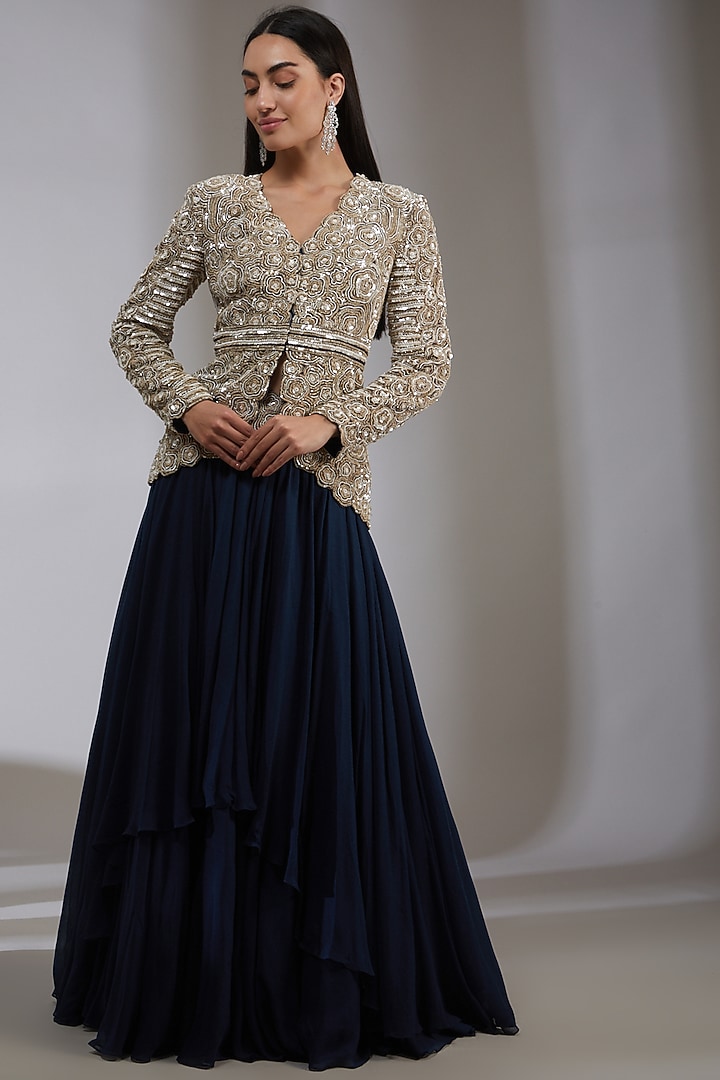 Navy Blue Chiffon Skirt Set by Varun Nidhika at Pernia's Pop Up Shop