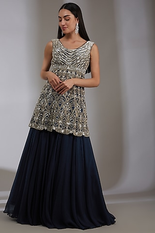 Navy Blue Embroidered Skirt Set by Varun Nidhika