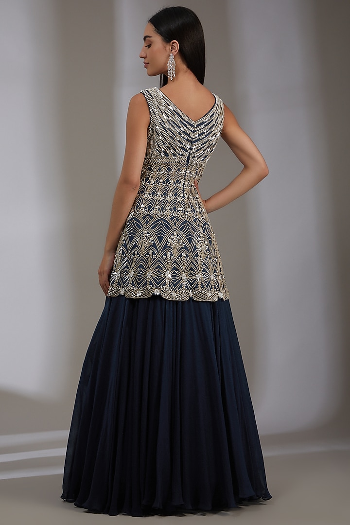 Navy Blue Embroidered Skirt Set by Varun Nidhika at Pernia's Pop Up Shop