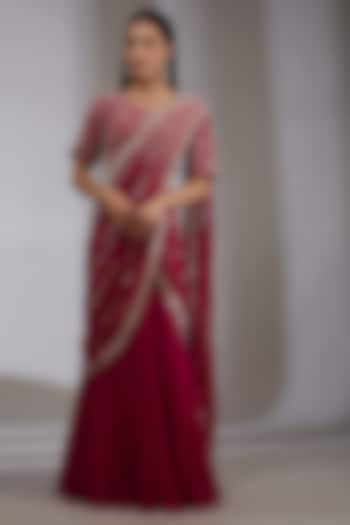 Red Embroidered Pre-Stitched Saree Set by Varun Nidhika