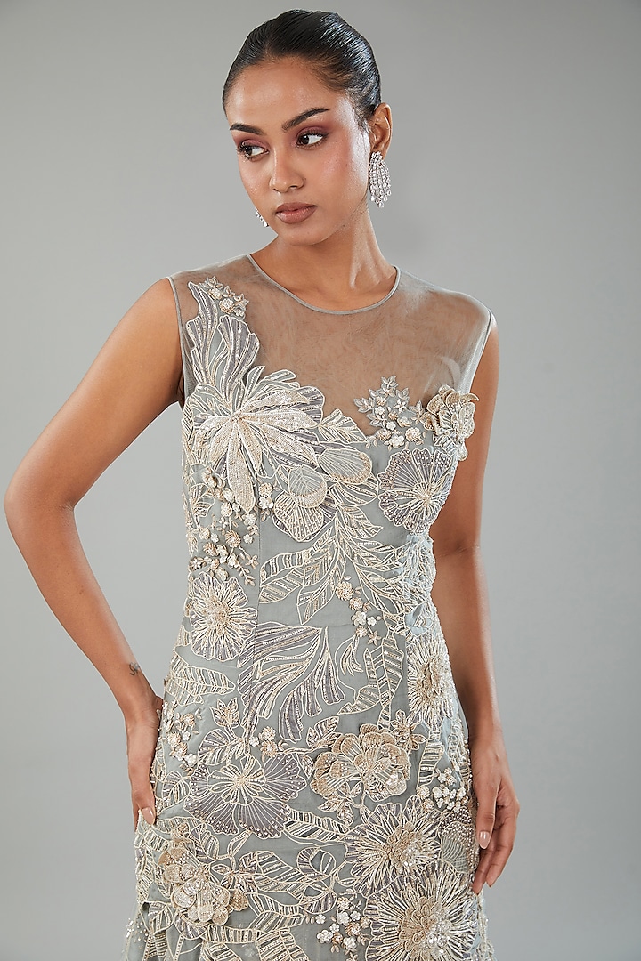 Powder Blue Silk Organza Pearl Embroidered & Floral Printed Bridal Gown by Varun Nidhika at Pernia's Pop Up Shop