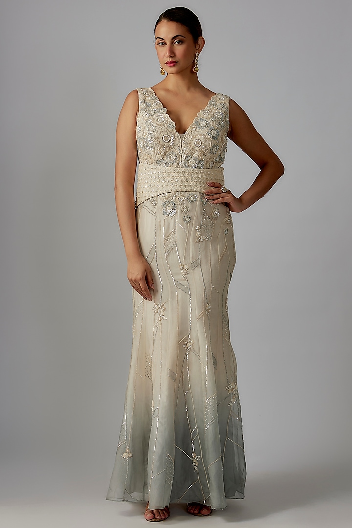 Ivory & Blue Ombre Silk Organza Sequin Embroidered Dress by Varun Nidhika