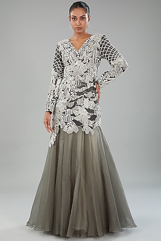 Black & Ivory Silk Organza Hand Embroidered & Floral Printed Dress by Varun Nidhika