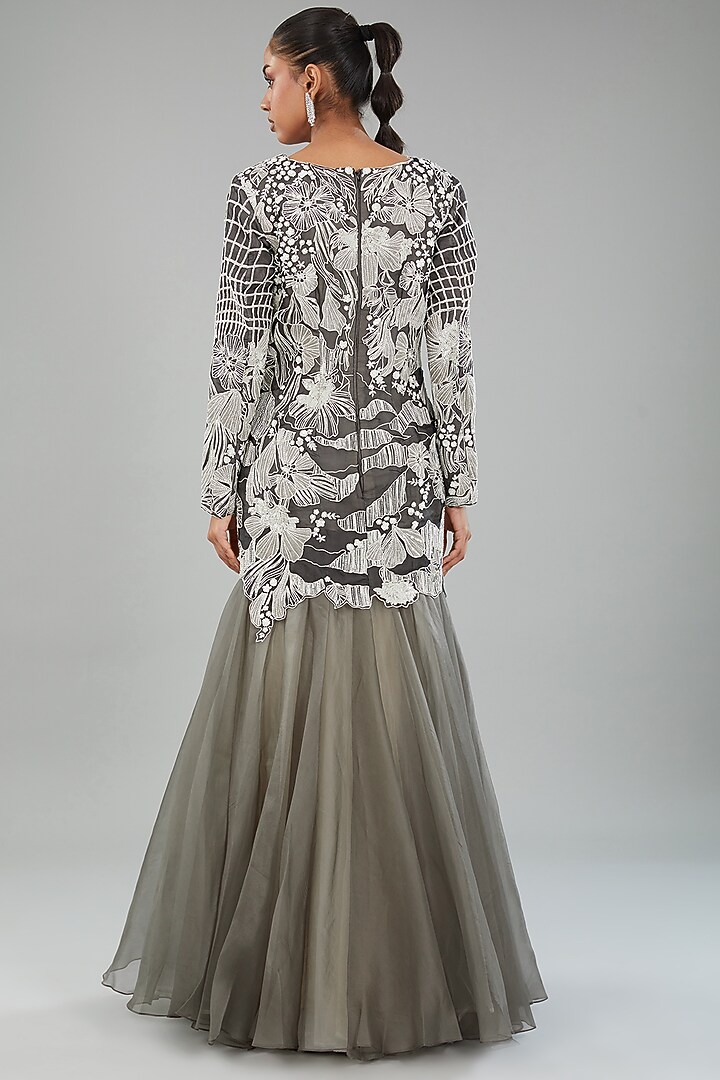 Black & Ivory Silk Organza Hand Embroidered & Floral Printed Party Wear Dress by Varun Nidhika at Pernia's Pop Up Shop