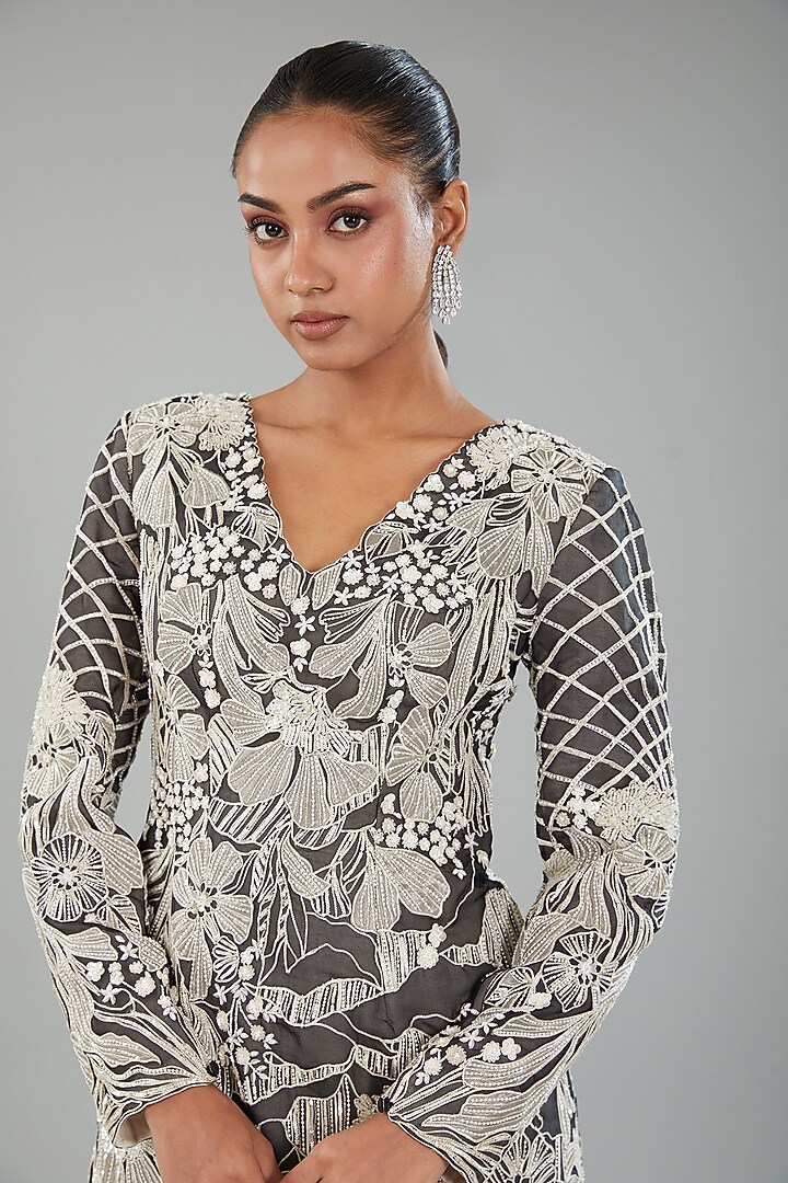 Black & Ivory Silk Organza Hand Embroidered & Floral Printed Party Wear Dress by Varun Nidhika at Pernia's Pop Up Shop