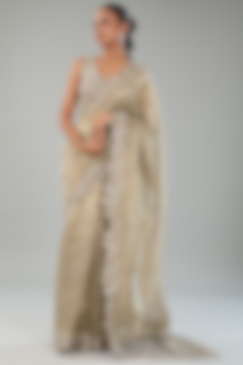 Peach-Gold Silk Tissue Floral & Metallic Embroidered Reception Saree Set by Varun Nidhika at Pernia's Pop Up Shop