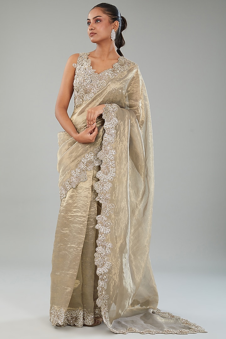Peach-Gold Silk Tissue Floral & Metallic Embroidered Reception Saree Set by Varun Nidhika at Pernia's Pop Up Shop