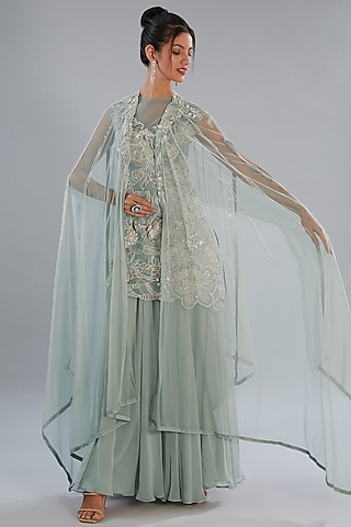 Grey Silk Organza Hand Embroidered Kurta Set by Varun Nidhika