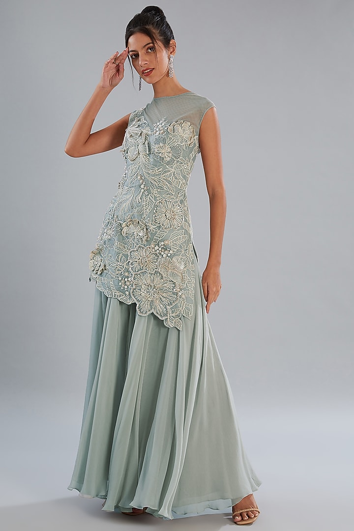 Grey Silk Organza Hand Embroidered Kurta Set by Varun Nidhika at Pernia's Pop Up Shop
