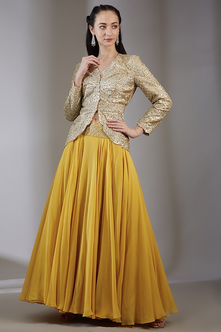 Mango Silk Embroidered Skirt Set by Varun Nidhika at Pernia's Pop Up Shop