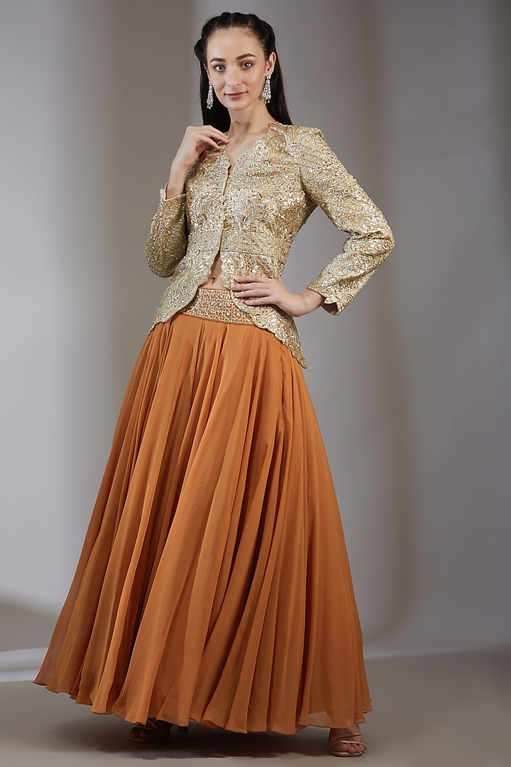Kesar Orange Embroidered Skirt Set by Varun Nidhika
