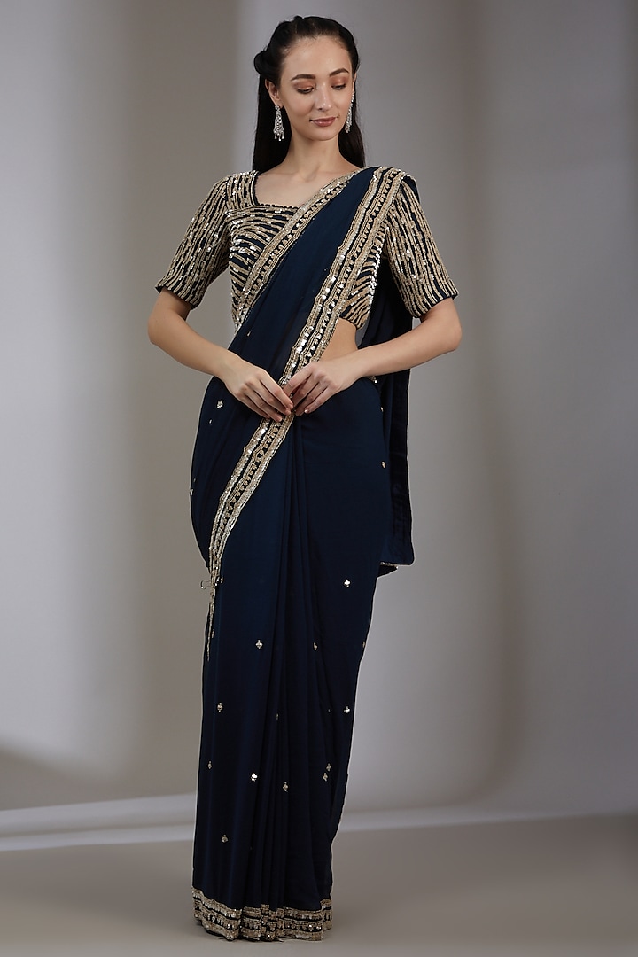 Navy Blue Chiffon Embroidered Reception Saree Set by Varun Nidhika at Pernia's Pop Up Shop