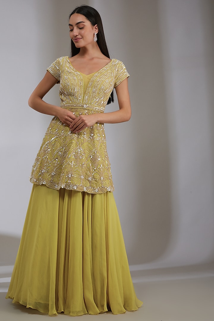 Citrus Embroidered Skirt Set by Varun Nidhika