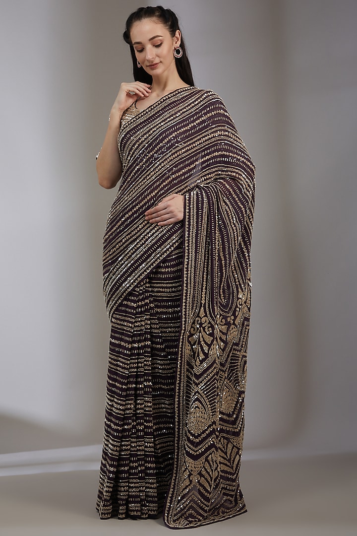 Aubergine Chiffon Embroidered Saree Set by Varun Nidhika