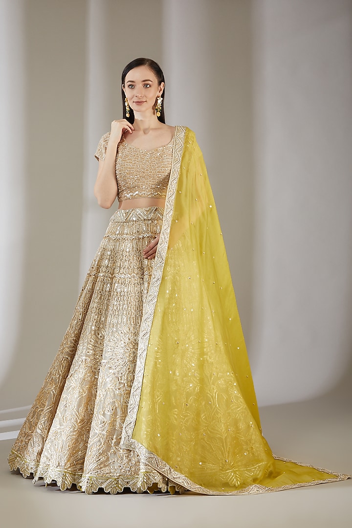Gold Embroidered Bridal lehenga for 22 Lehenga Set by Varun Nidhika at Pernia's Pop Up Shop