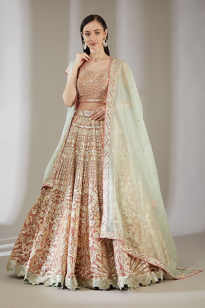 Gold Floral Embroidered Bridal Lehenga Set by Varun Nidhika at Pernia's Pop Up Shop