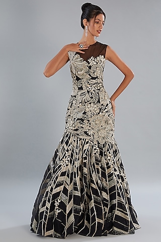 Black Silk Organza Hand Embroidered Gown by Varun Nidhika