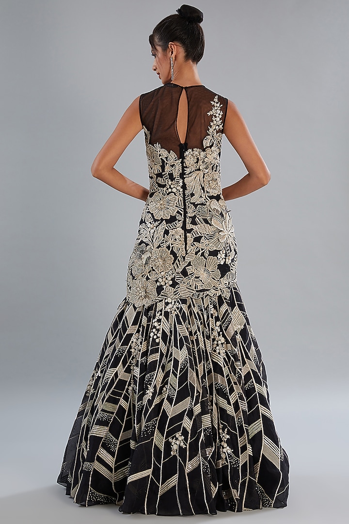 Black Silk Organza Hand Embroidered Bridal Gown by Varun Nidhika at Pernia's Pop Up Shop