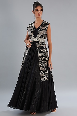 Black Silk Organza Embellished Jacket Dress by Varun Nidhika