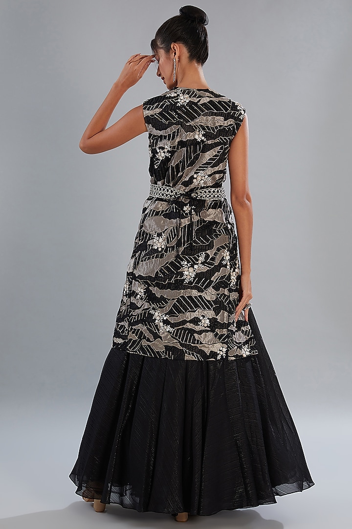 Black Silk Organza Embellished Jacket Party Wear Dress by Varun Nidhika at Pernia's Pop Up Shop